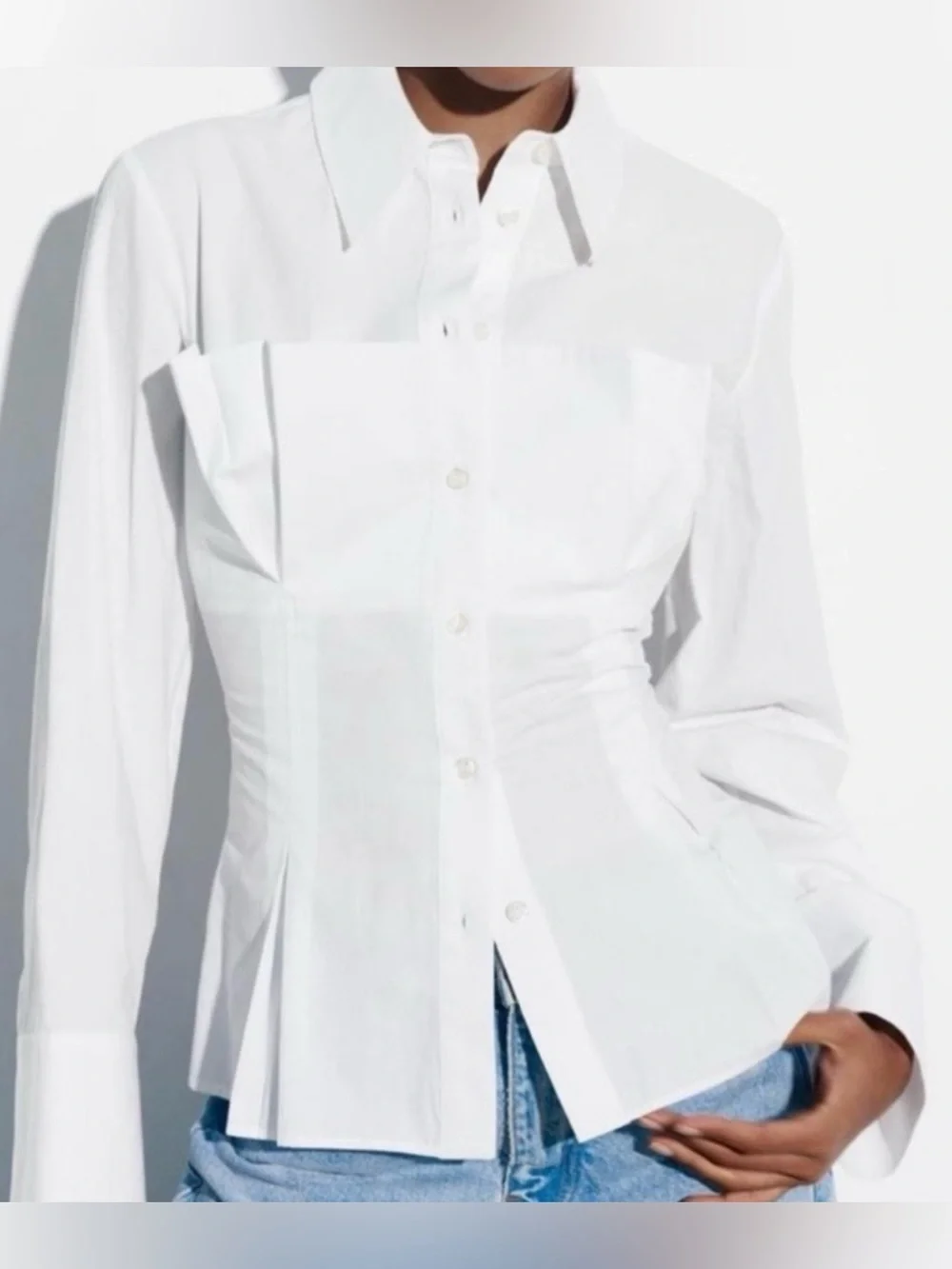 Zara White Poplin Corset Shirt Pleated Waist Ext Cuff Blouse M - Picture 1 of 12